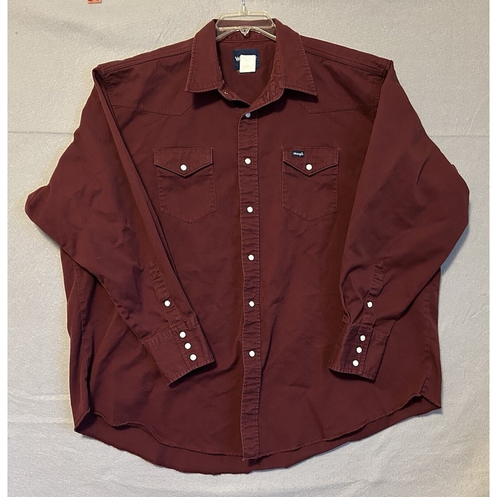 Mens Wrangler Heavy Burgundy Denim Pearl Snap Shirt SZ 19x35